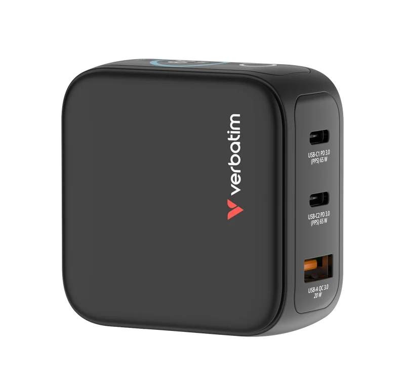 Verbatim Ladeadapter, Mini GaN mit Display, 65W, schwarz 1x USB-A QC, 2x USB-C PD3.0, Retail