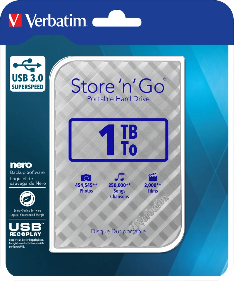 Verbatim Festplatte 1TB, USB 3.0, 6.35cm (2.5''), silber Store´n´Go, Gen 2, Software Nero Backup, Retail