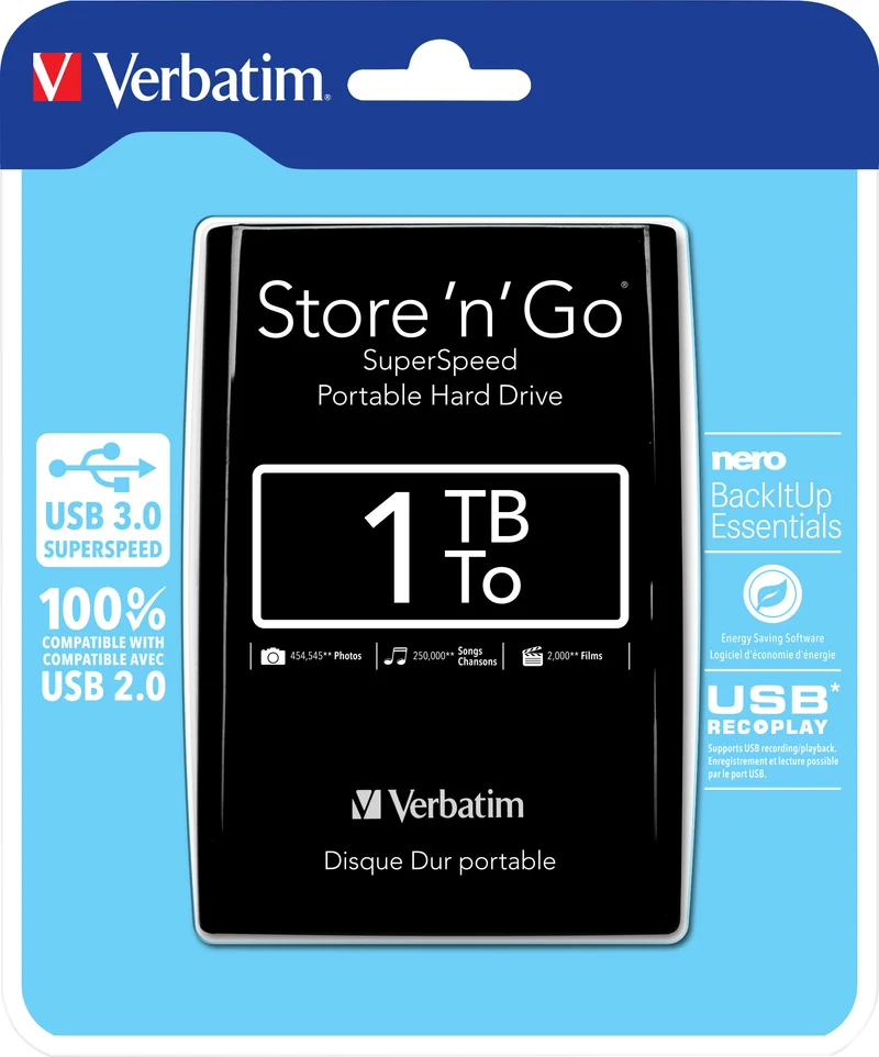 Verbatim Festplatte 1TB, USB 3.0, 6.35cm (2.5''), schwarz Store´n´Go, Portable, Software Nero Backup, Retail