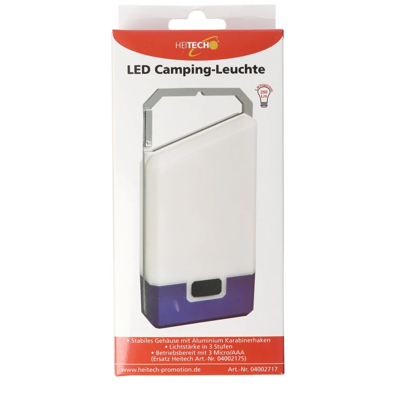 Heitech LED Camping Leuchte mit 3 Leuchtstufen, 250 Lumen, integrierter Karabinerhaken, inklusive 3x Micro, AAA Batterien