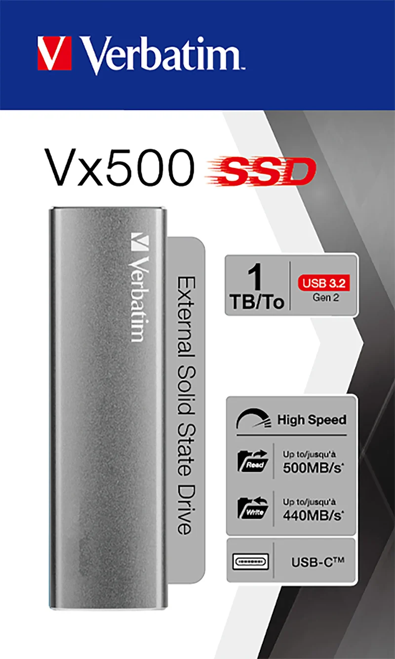 Verbatim SSD 1TB, USB 3.2, Typ A-C, Vx500 (R) 500MB/s, (W) 440MB/s, Retail-Blister