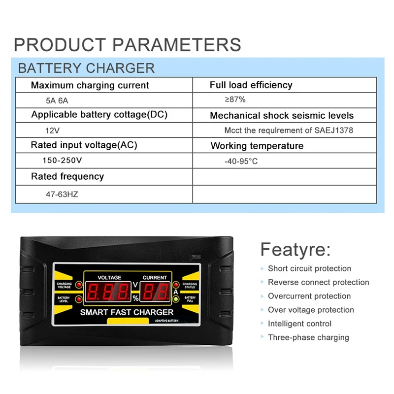 12V 6A Autobatterieladegerät Tragbares intelligentes AGM GEL Blei-Säure-Ladegerät 12 Volt Automatik Für 12V 75AH 100AH