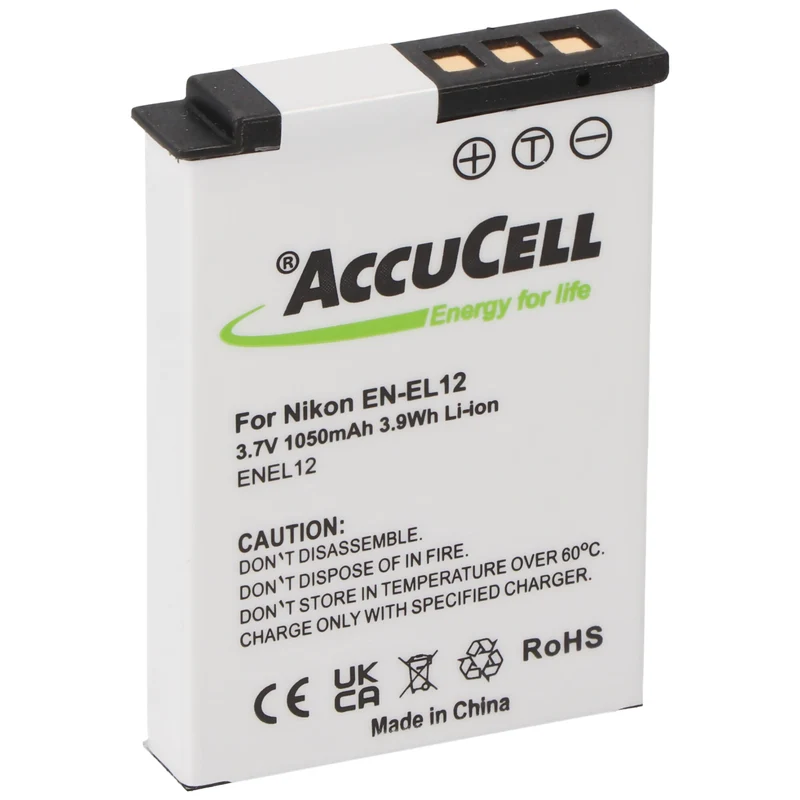 AccuCell Akku passend für Nikon EN-EL12 Akku, CoolPix S610, S610C, S710, 44,5 x 31,9 x 7,9mm