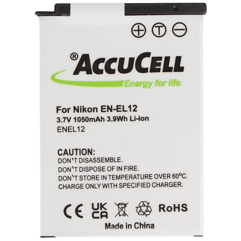 AccuCell Akku passend für Nikon EN-EL12 Akku, CoolPix S610, S610C, S710, 44,5 x 31,9 x 7,9mm
