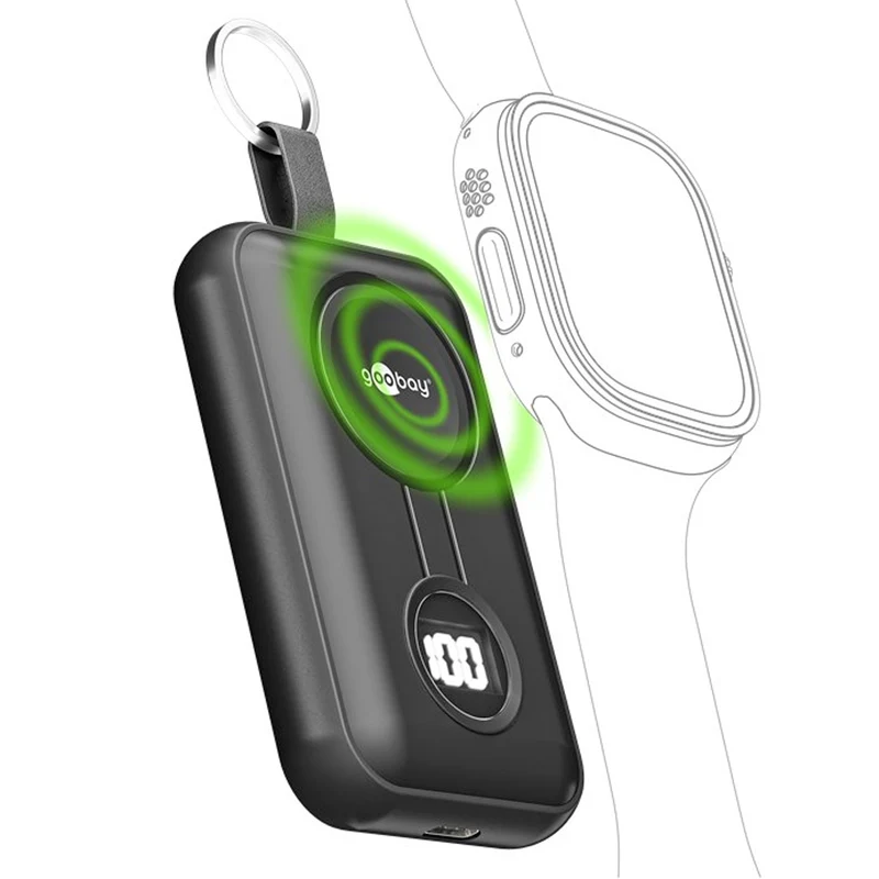 Goobay Wireless Powerbank für Apple Watch und AirPods, Mini-Powerbank, 5W, 2.500mAh, mit Schlüsselring