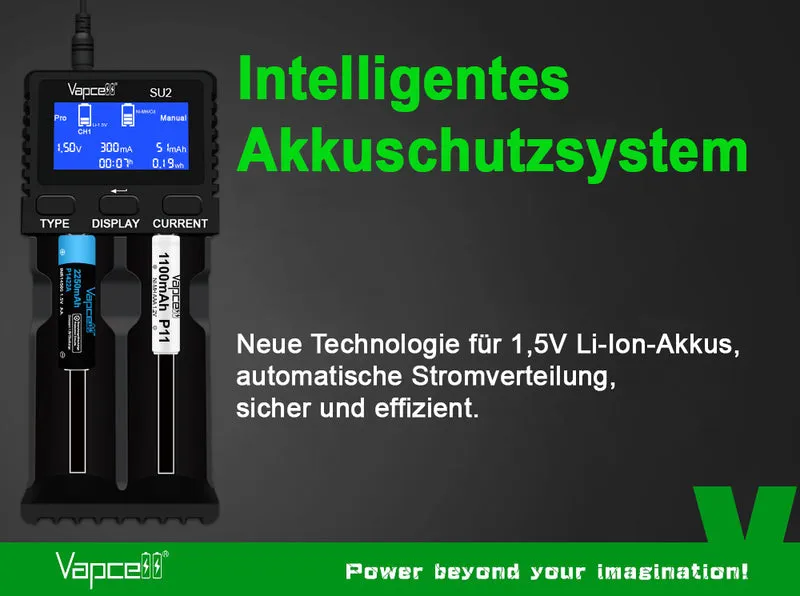 Vapcell SU2 – leistungsstarkes 2-Schacht Schnellladegerät für Li-Ion, LiFePO4, NiMH/NiCd und 1,5V Li-Ion Akkus