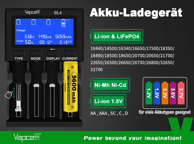 Vapcell BL4 Universal-Ladegerät mit 4 Schächten für Li-Ion, LiFePO4, NiMH und 1,5V Li-Ion Akkus