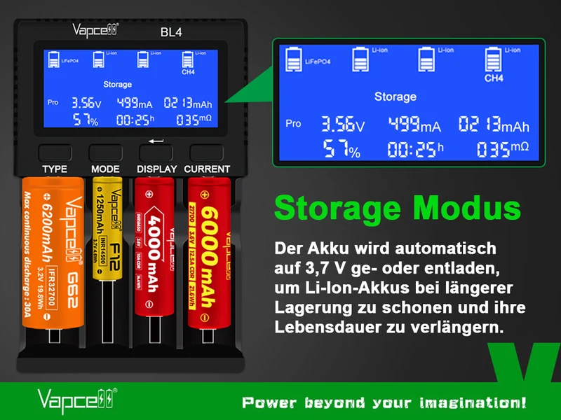 Vapcell BL4 Universal-Ladegerät mit 4 Schächten für Li-Ion, LiFePO4, NiMH und 1,5V Li-Ion Akkus
