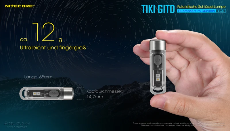 Nitecore TIKI GITD, Glow in the dark, mit UV LED, Schlüsselbundleuchte, wiederaufladbare Schlüsselanhängerlampe, blau