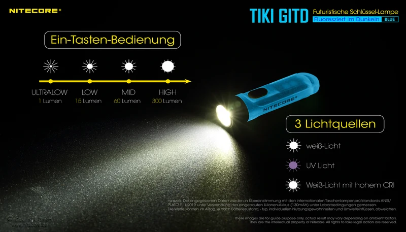 Nitecore TIKI GITD, Glow in the dark, mit UV LED, Schlüsselbundleuchte, wiederaufladbare Schlüsselanhängerlampe, blau