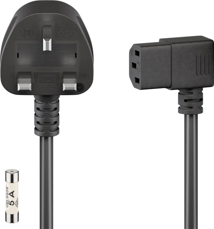 Goobay UK-Geräteanschlusskabel, 2 m, Schwarz - UK 3-Pin-Stecker (Typ G, BS 1363) > Gerätestecker C13 (abgewinkelt)