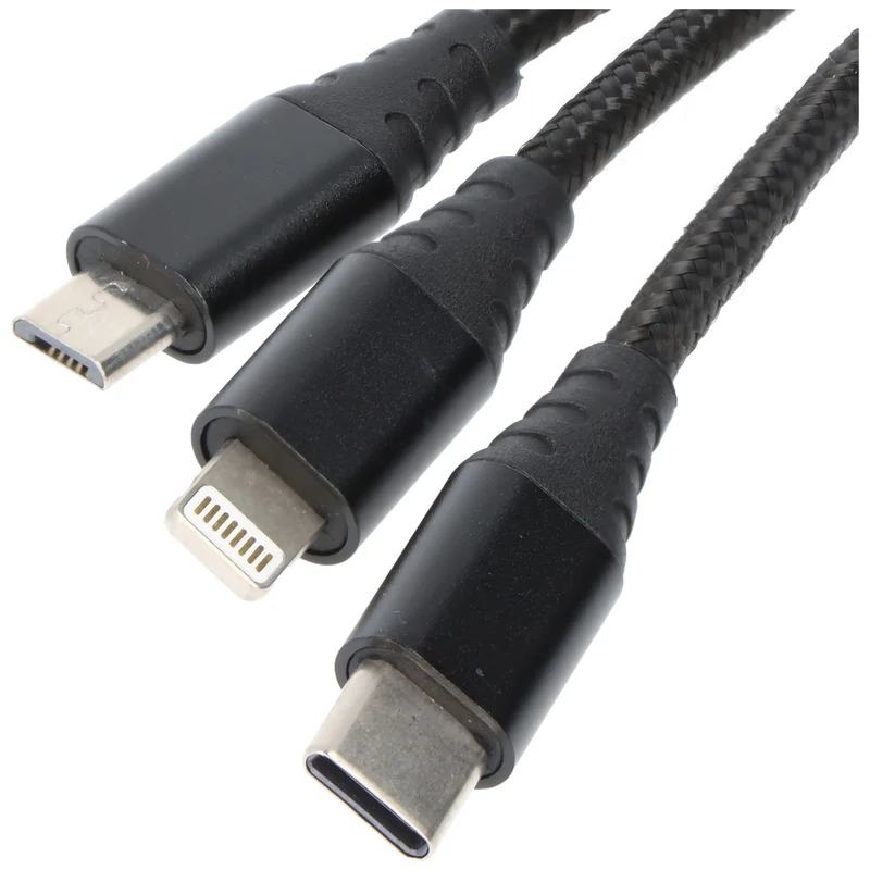 AccuCell USB-Ladekabel 3in1 mit Lightning-, Micro-USB-, und USB-C Anschluss, 1 Meter Länge