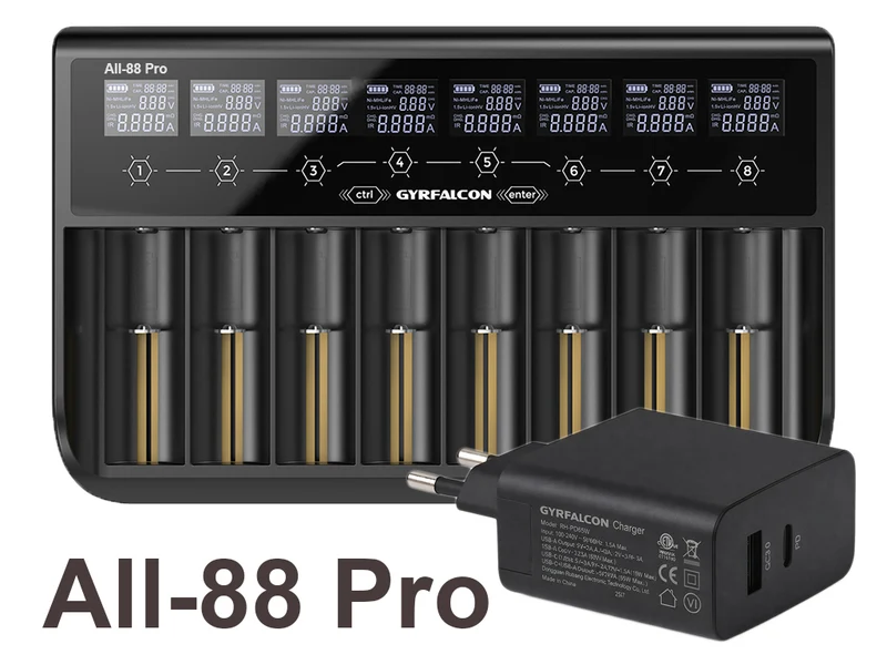 Enova Gyrfalcon All-88 Pro - 8fach Akkuladegerät für Li-Ion 1,5V; 3,6 - 3,7V LiFePO4 3,2V & NiMH