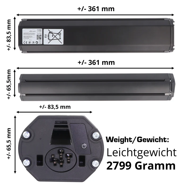 E-Bike Vision 461Wh PowerPack für Bosch Active (Plus) / Performance (CX) 36 V Intube horizontal 36,1cm kurz