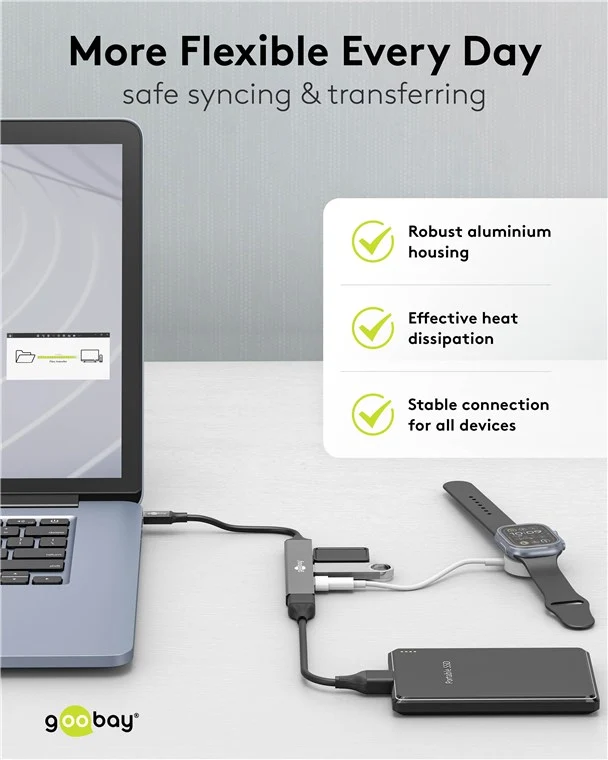 Goobay Slim 4-Port USB-Hub, USB-C™ auf USB-A, USB 3.2 - USB-C™-Stecker (USB 3.2) > 1x USB-A-Buchse (USB 3.2), 3x USB-A-Buchse (USB 2.0)