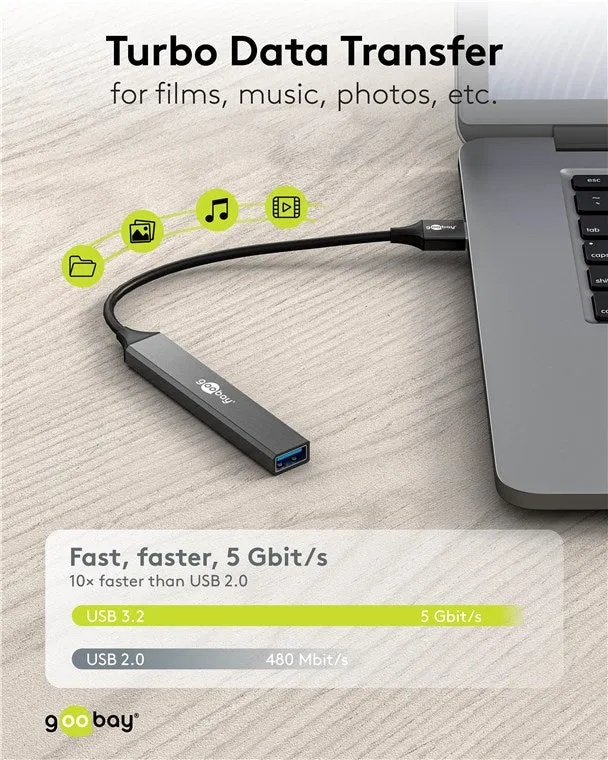 Goobay Slim 4-Port USB-Hub, USB-A auf USB-A, USB 3.2 - USB-A-Stecker (USB 3.2) > 1x USB-A-Buchse (USB 3.2), 3x USB-A-Buchse (USB 2.0)
