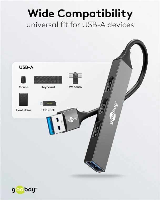 Goobay Slim 4-Port USB-Hub, USB-A auf USB-A, USB 3.2 - USB-A-Stecker (USB 3.2) > 1x USB-A-Buchse (USB 3.2), 3x USB-A-Buchse (USB 2.0)