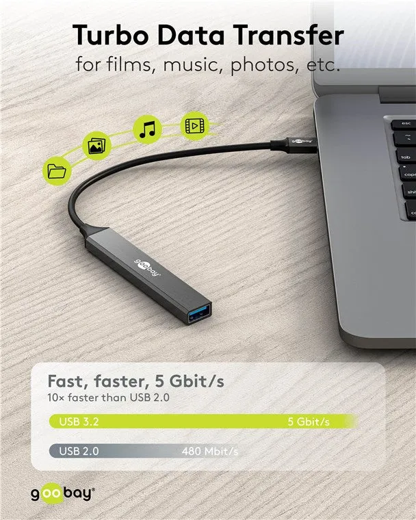 Goobay Slim 4-Port USB-Hub, USB-C™ auf USB-C™/USB-A, USB 3.2 - USB-C™-Stecker > 1x USB-A-Buchse (USB 3.2), 1x USB-C™-Buchse (USB 2.0), 2x USB-A-Buchse (USB 2.0)