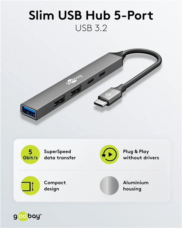 Goobay Slim 5-Port USB-Hub, USB-C™ auf USB-C™/USB-A, USB 3.2 - USB-C™-Stecker (USB 3.2) > 1x USB-C™-Buchse (USB 2.0), 1x USB-C™-Buchse (PD), 1x USB-A-Buchse (USB 3.2), 2x USB-A-Buchse (USB 2.0)