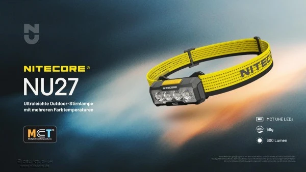 Nitecore NU27 Stirnlampe mit mehreren Farbtemperaturen, MCT UHE LEDs, ultraleicht, 600 Lumen, dreidimensionales Flächen-Licht