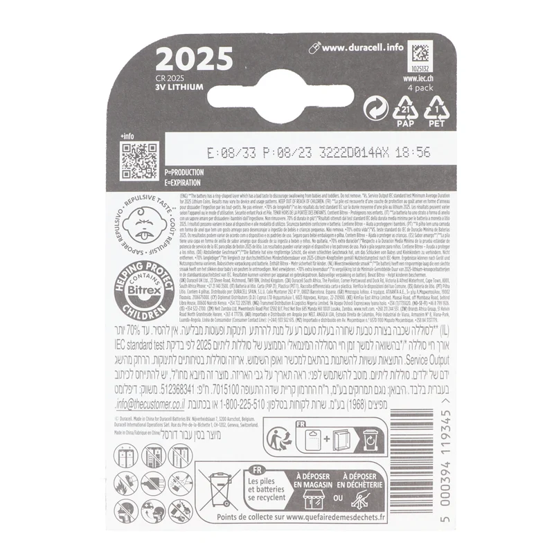 Duracell Batterie Lithium, Knopfzelle, CR2025, 3V Electronics, Retail Blister (4-Pack)
