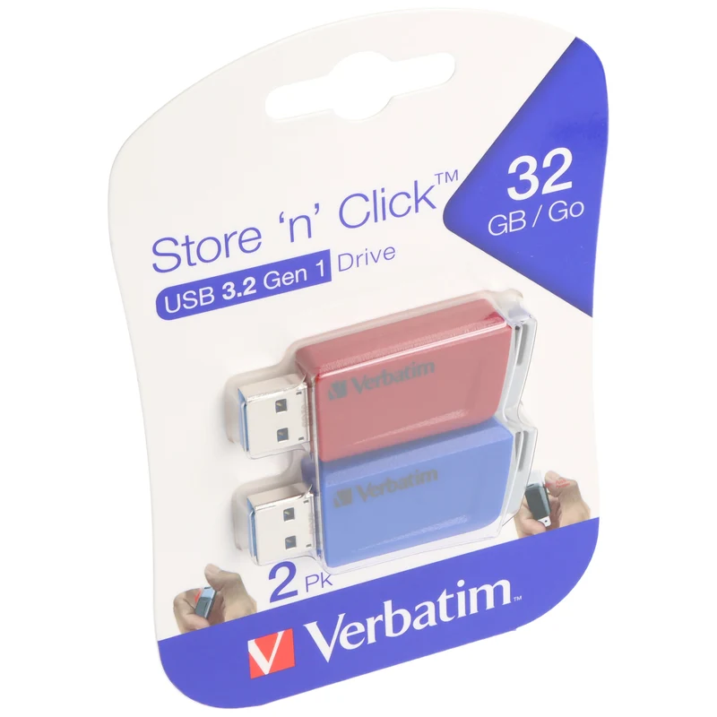 Verbatim USB 3.2 Stick 32GB, Store'n'Click, rot-blau Typ-A, (R) 80MB/s, (W) 25MB/s, Retail-Blister (3-Pack)