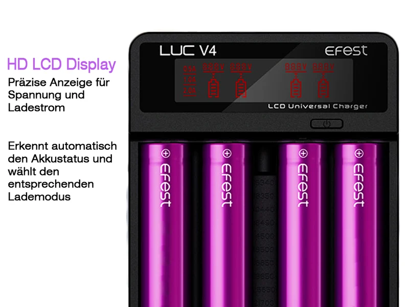 Efest LUC V4 USB-C Ladegerät für Li-Ionen Akkus 3,6V - 3,7V | 4 Slots LCD | 0,5A / 1A / 2A
