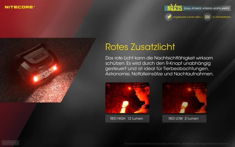 Nitecore Stirnlampe NU35 - Dual Power