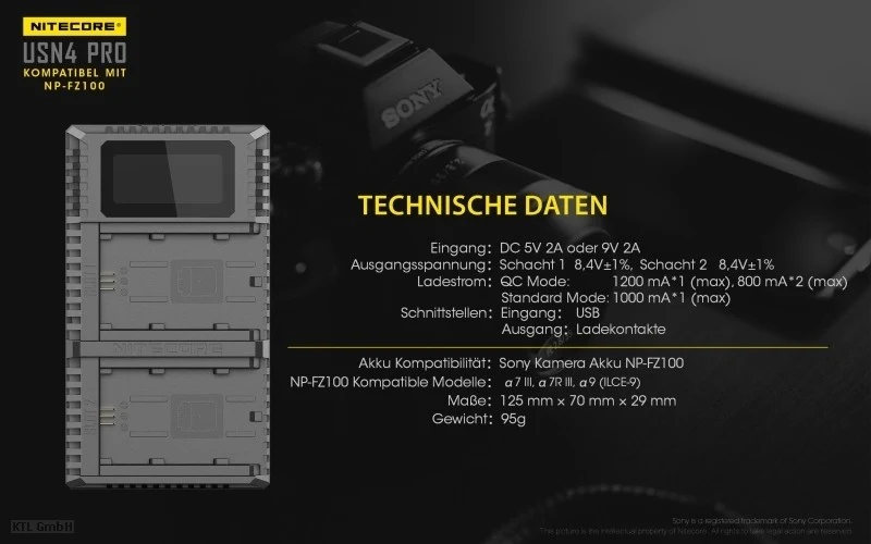 Nitecore USN4 PRO USB-Ladegerät für Sony NP-FZ100 Akku, 2fach Ladegerät