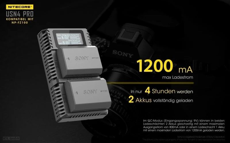 Nitecore USN4 PRO USB-Ladegerät für Sony NP-FZ100 Akku, 2fach Ladegerät