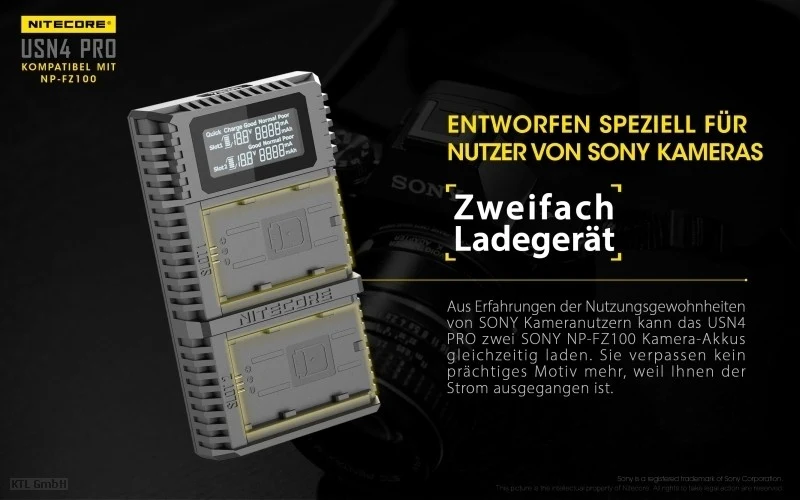 Nitecore USN4 PRO USB-Ladegerät für Sony NP-FZ100 Akku, 2fach Ladegerät