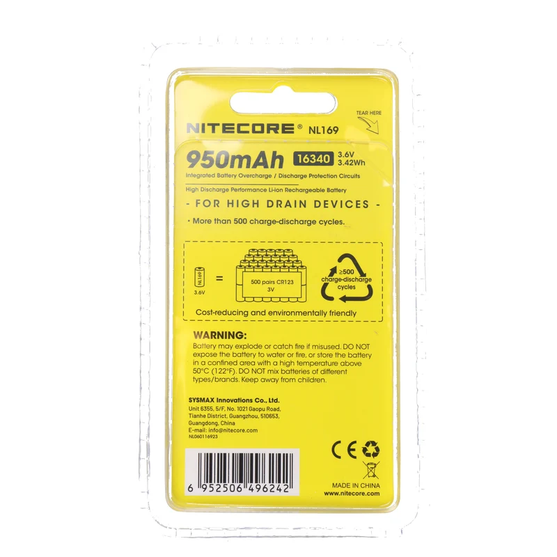 Nitecore NL169 Akku 16340 NC-NL169 Li-Ion Akku 3,7 Volt 950mAh mit Schutzschaltung, max. 2A Entladestrom