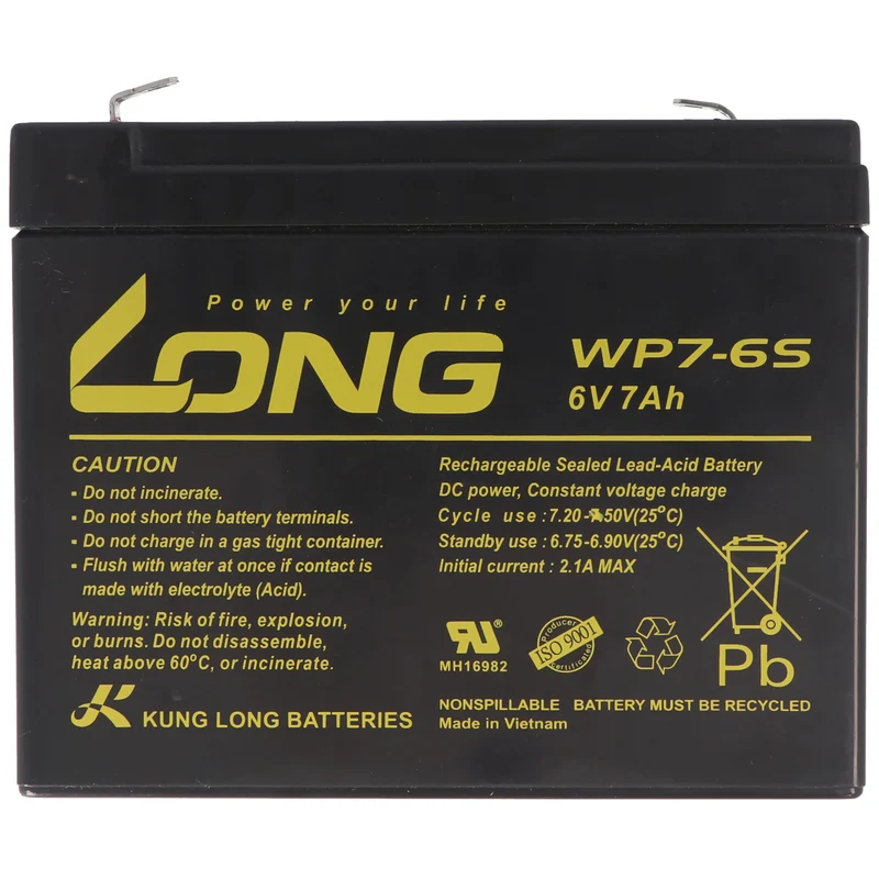Kung Long WP7-6S F1 Blei-Vlies-Akku, 6Volt, 7Ah mit 4,8mm Faston Anschluss