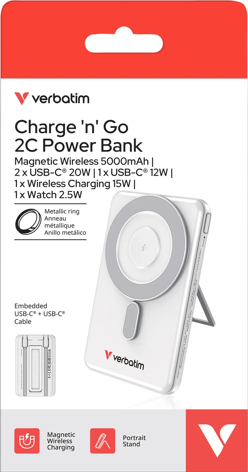 Verbatim Powerbank Charge'n'Go 2C, 5.000mAh, Klappstand, silber Magnetic Wireless, 2 integr. Kabel USB-C, Retail