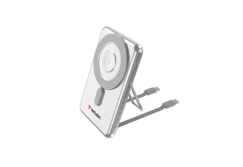 Verbatim Powerbank Charge'n'Go 2C, 5.000mAh, Klappstand, silber Magnetic Wireless, 2 integr. Kabel USB-C, Retail