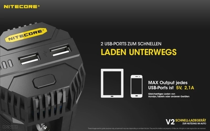 Nitecore V2 Kfz-Schnellladegerät für 1 oder 2 Akkus, mit Kfz-Anschlusskabel, Ladestrom max. 3A