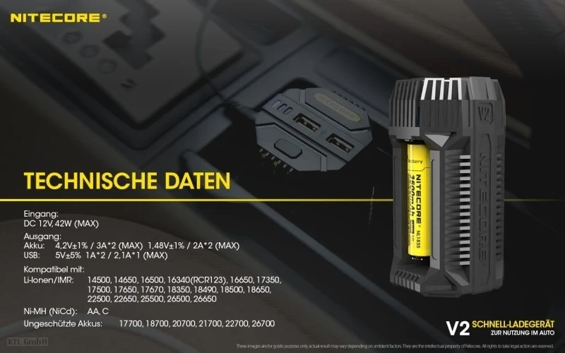 Nitecore V2 Kfz-Schnellladegerät für 1 oder 2 Akkus, mit Kfz-Anschlusskabel, Ladestrom max. 3A