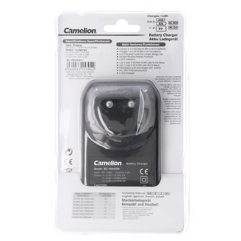 Camelion Stecker-Ladegerät BC-0904SM für eine paarweise Ladung von AAA, AA oder 9V Block NiMH Akkus, 2 LED-Anzeigen