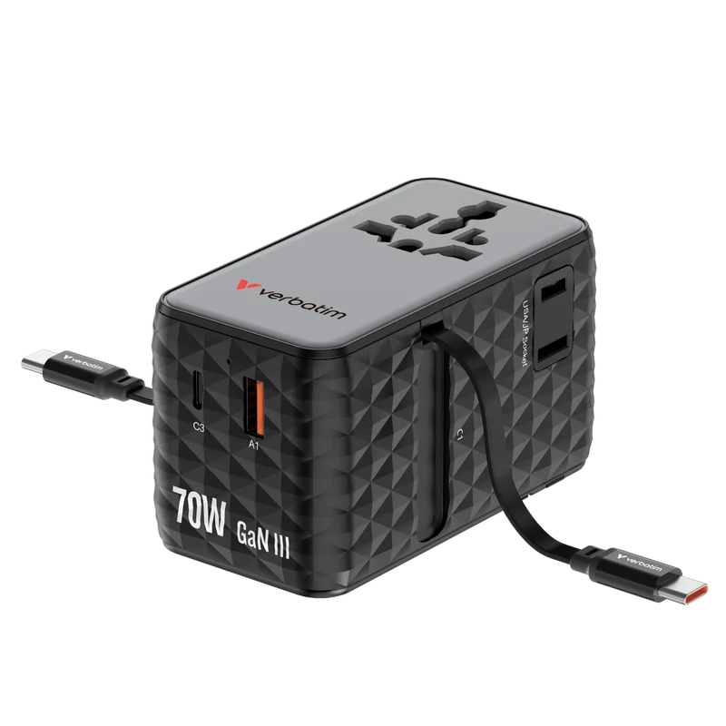 Verbatim Ladeadapter, Charge'n'Travel, GaN III, 70W, 2x USB-C Kabel integriert 1x USB-A QC, 3x USB-C PD, 100-250V, Retail
