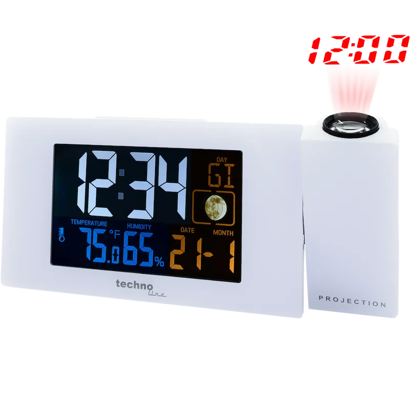 Technoline WT 537 - Projektions-Funkwecker mit Innentemperatur- und luftfeuchteanzeige, Mondphasenanzeige, Projektion von Uhrzeit und Temperatur