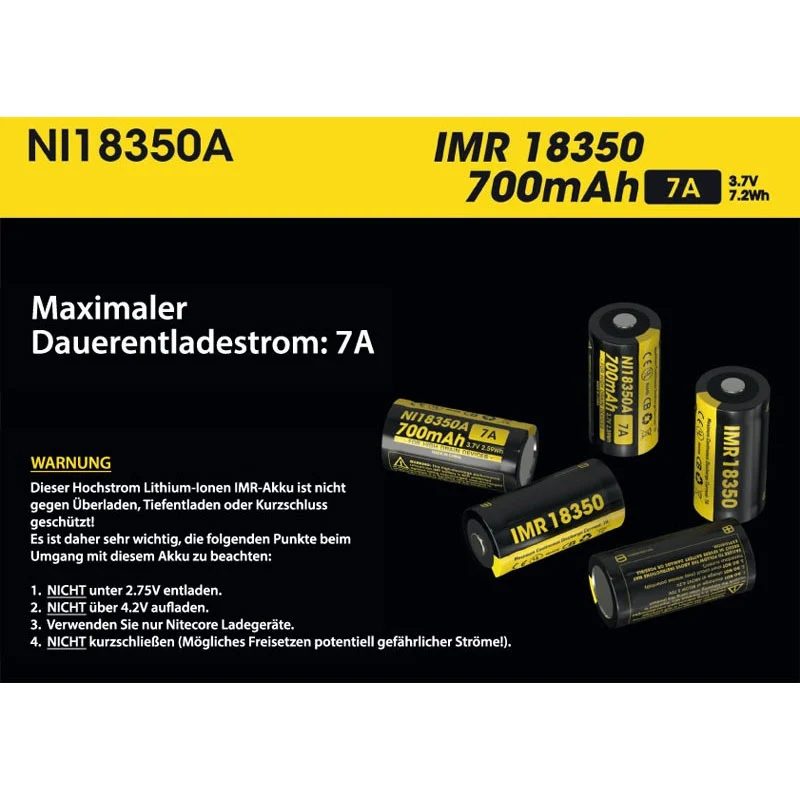 Nitecore IMR 18350 - 700mAh, 3,6V - 3,7V (7A) Li-Ion-Akku