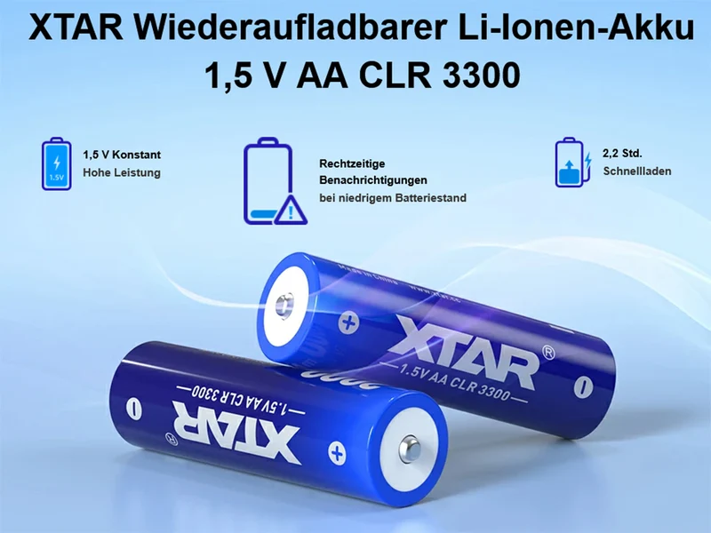 XTAR 1,5V AA CLR 3300 Li-Ion Akku | 2000 mAh Konstante Spannung & Akkuwechselanzeige