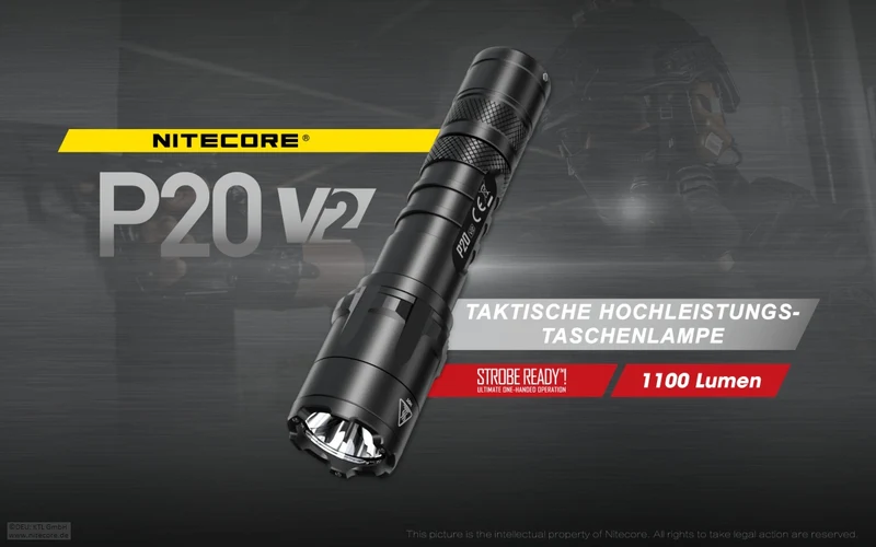 Nitecore P20 V2 LED-Taschenlampe, 1100 Lumen, taktische Taschenlampe, drei Benutzer-Modi, inklusive 2x CR123A Lithium Batterien