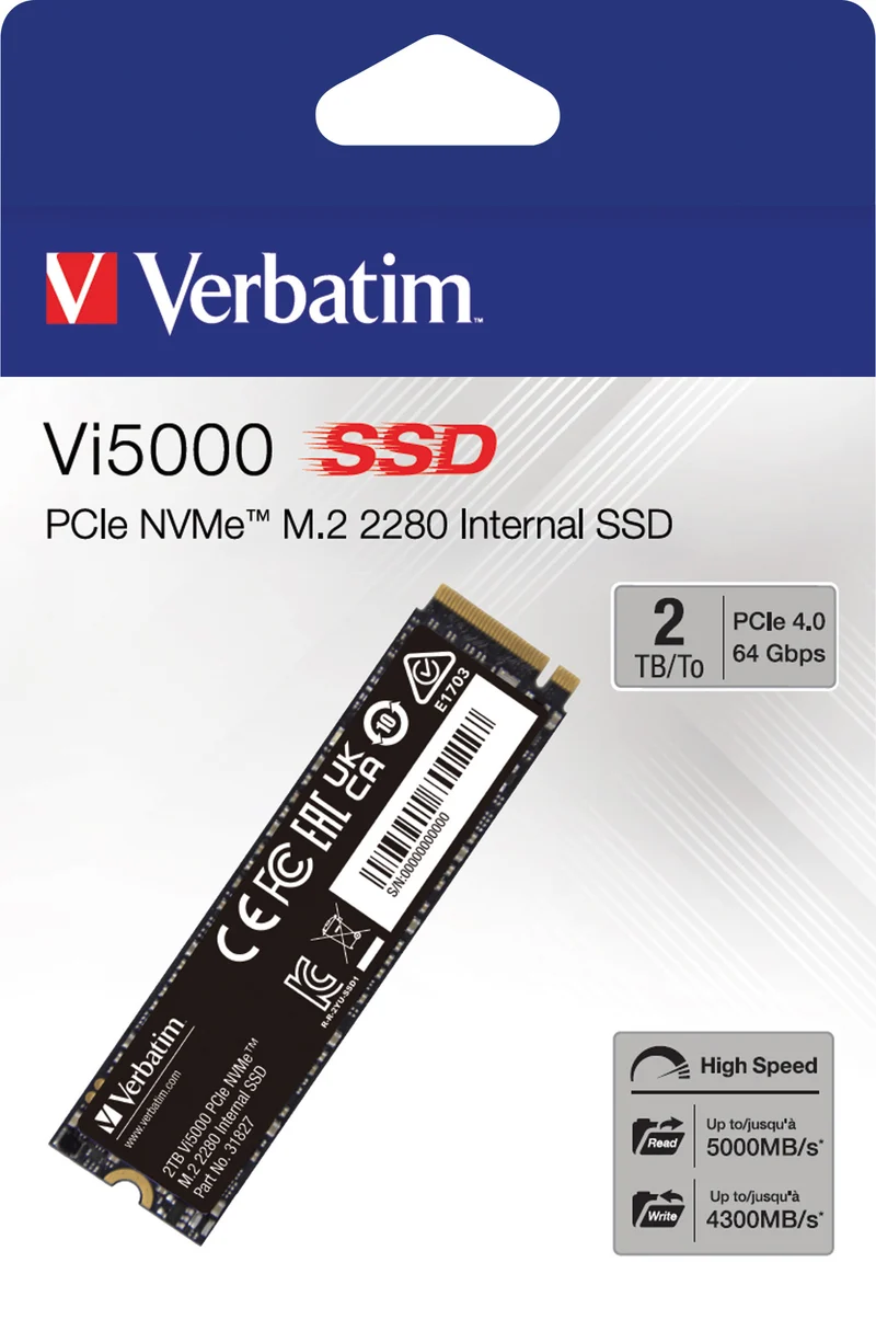 Verbatim SSD 2TB, PCIe 4.0, M.2 2280, NVMe, Vi5000 (R) 5000MB/s, (W) 4300MB/s, Retail