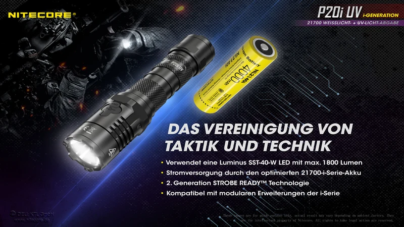 Nitecore P20i UV LED-Taschenlampe, 4x UV-LEDs, für Forensik, Begutachtungen, Dokumentenprüfung, Währungserkennung, 21700 Li-Ion Akku Typ NL2140i 4000mAh