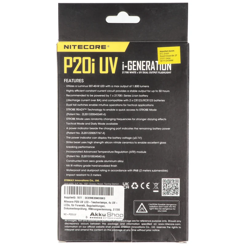 Nitecore P20i UV LED-Taschenlampe, 4x UV-LEDs, für Forensik, Begutachtungen, Dokumentenprüfung, Währungserkennung, 21700 Li-Ion Akku Typ NL2140i 4000mAh