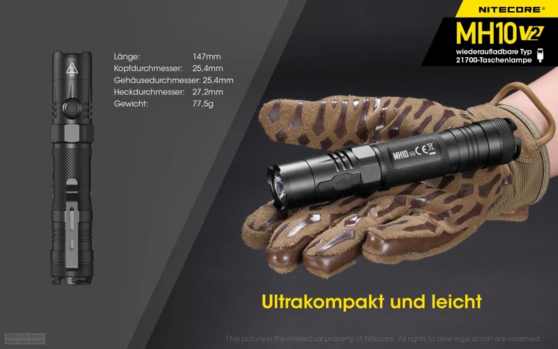 Nitecore MH10 V2, MH10V2 LED Taschenlampe inklusive 21700 4000mAh Li-Ion Akku, 1200 Lumen