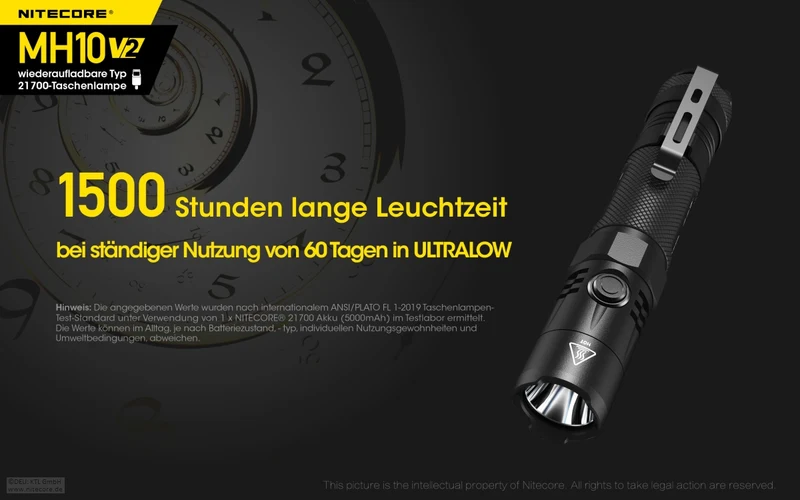 Nitecore MH10 V2, MH10V2 LED Taschenlampe inklusive 21700 4000mAh Li-Ion Akku, 1200 Lumen