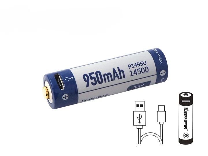 Keeppower 14500 – 950mAh Li-Ionen Akku (3,6V – 3,7V) mit USB-Lademöglichkeit und PCB