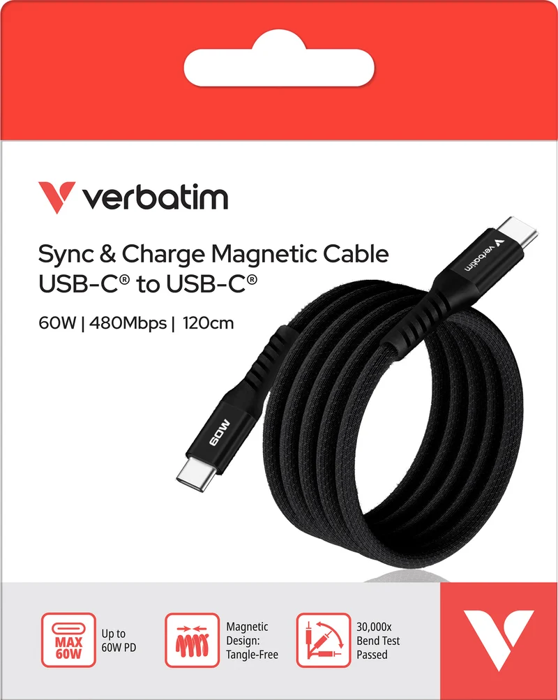 Verbatim Ladekabel, USB-C/USB-C, 1.2m Sync&Charge, 60W, 480MBit/s, Magnetic, Retail